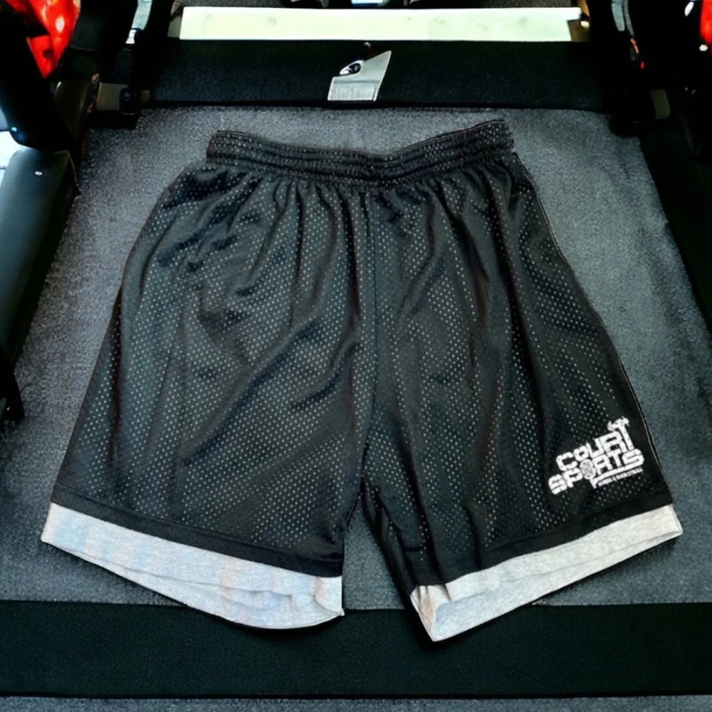 Vintage ROBINSON APPAREL Mens Double Layer Mesh Gym Shorts USA Black Gray  L
